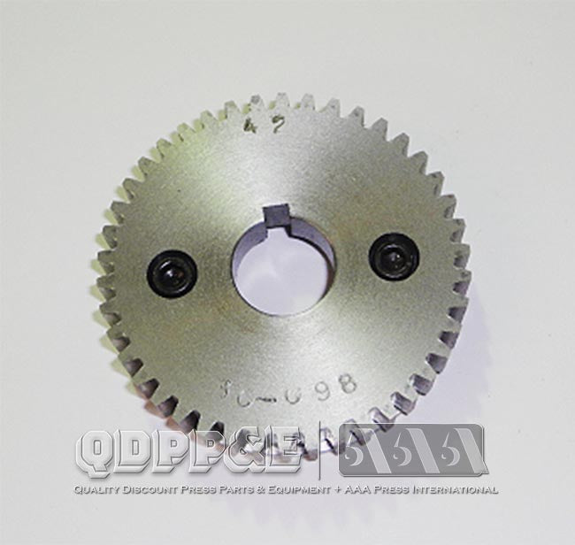 PROP 42T ANILOX SPUR GEAR WITH BEARER PROPHETEER L1000 ANILOX SPUR GEAR 1/16 PITCH 42 TOOTH, 16 DP, 14.5 PRESSURE ANGLE, 2.6250 DIA., .002 - .004 BACKLASH RANGE, .1406 WHOLE DEPTH, PIN DIA .1080, AGMA QUALITY # 7, MATERIAL 12L14, HARDNESS, HRC 28-32