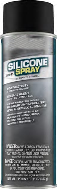 Silicone Spray - Stops squealing, sticking, and binding of machinery. Dries rapidly; leaves no greasy or oily film. Retards corrosion; makes cleaning easier and quicker. Protects and preserves equipment. Saves time and labor. Speeds cutting and sewing; facilitates fabric flow. Prevents power tools from binding. Long lasting residual performance. Available in single cans or case (12 cans).