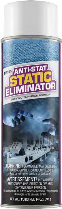 Anti-Static Spray - Counteracts static electricity charges that attract dust; prevent materials from feeding properly or "shock" equipment operators. This multi-purpose anti-static spray removes the electrostatic charges that attract dust particles and cause static electricity. Effectively eliminates static shock and static cling. Safe to use on a wide variety of inanimate objects. Available in single cans, or a case (12 cans).