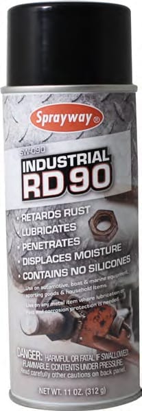 RD-90 Spray Lubricant - Provides a fine film coating that keeps moving parts and operating mechanisms running smoothly while it displaces moisture and prevents rust on any metal. This product contains no silicone and is harmless to paint, plastic, rubber and fabric. Spray on corroded and rusted “frozen” parts for quick release. Available in a single can, or a case (12 cans).