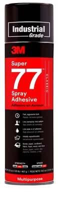 3M 77 Spray Adhesive - Multipurpose Spray Adhesive comes in a 24 oz can. Super 77 was invented to be an extremely versatile, fast-drying spray adhesive that bonds a wide range of lightweight materials. Its permanent bond provides fast results to keep projects moving ahead. The photo-safe spray formula is easy to dispense and apply directly onto surfaces and materials where needed, with no soak-in or yellowing over time. Available - Sold by the can or by the Case.